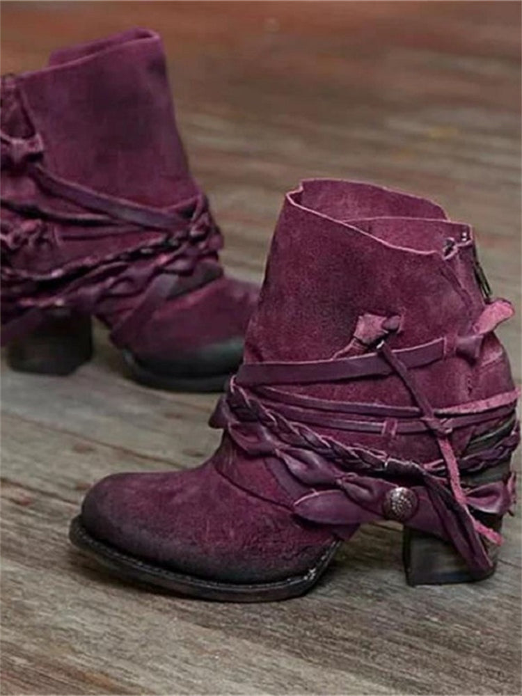 Women's vintage braided ankle boots, suede vamp, mid heel, solid color, durable rubber sole