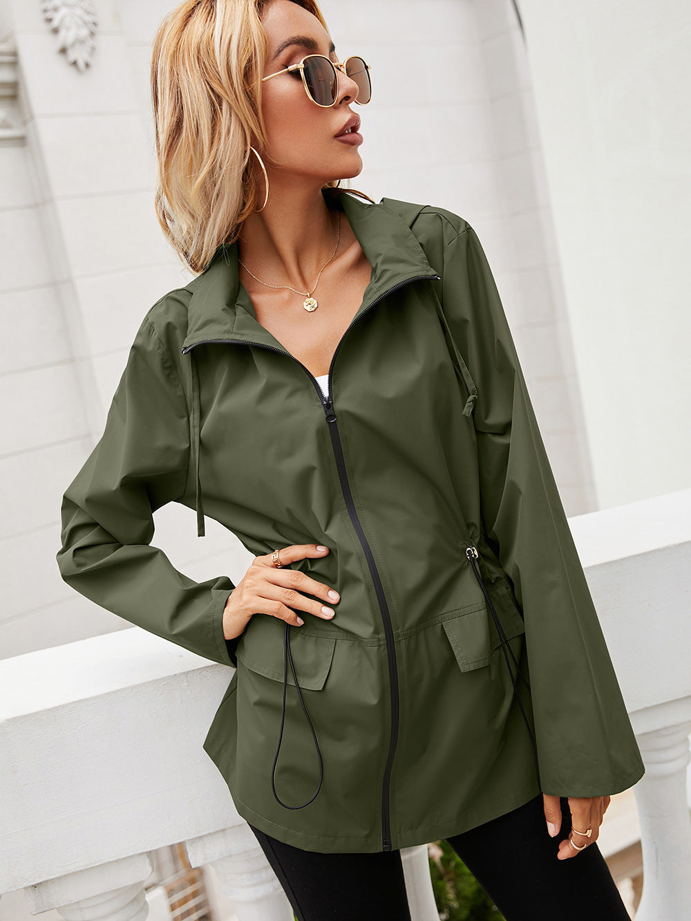 Women's waterproof hooded rain jacket windproof lightweight hiking outdoor gear stylish fit