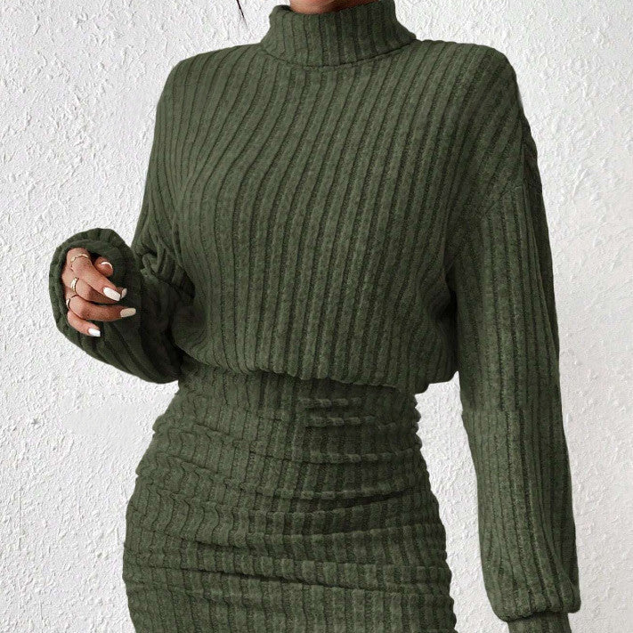 Women's ribbed knit robe dress high collar cozy winter essential striped plaid texture