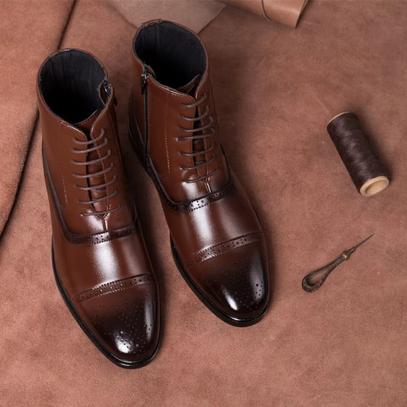 Men's brown full-grain leather cap-toe brogue dress boots with hand-finished detailing for professionals