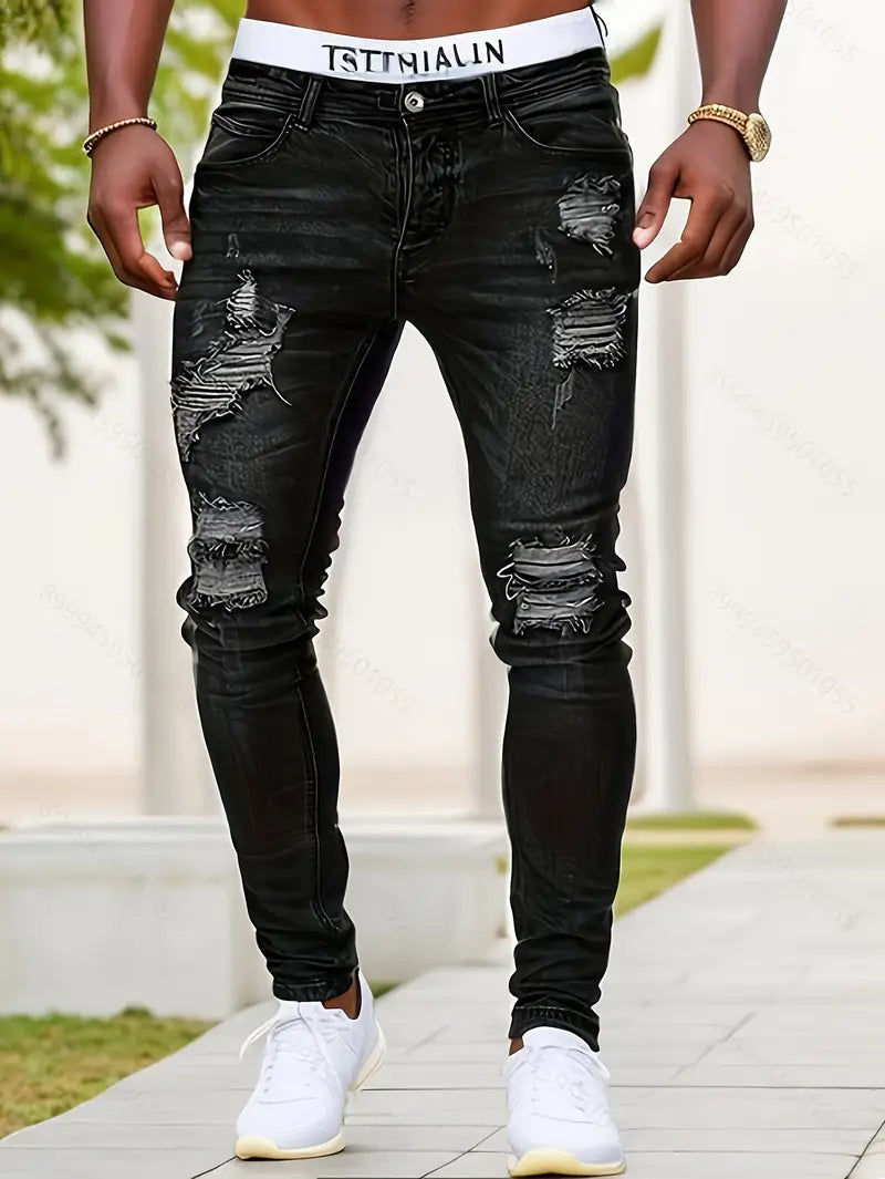 Men's skinny ripped jeans slim fit distressed look streetwear casual everyday denim with leg-rip details
