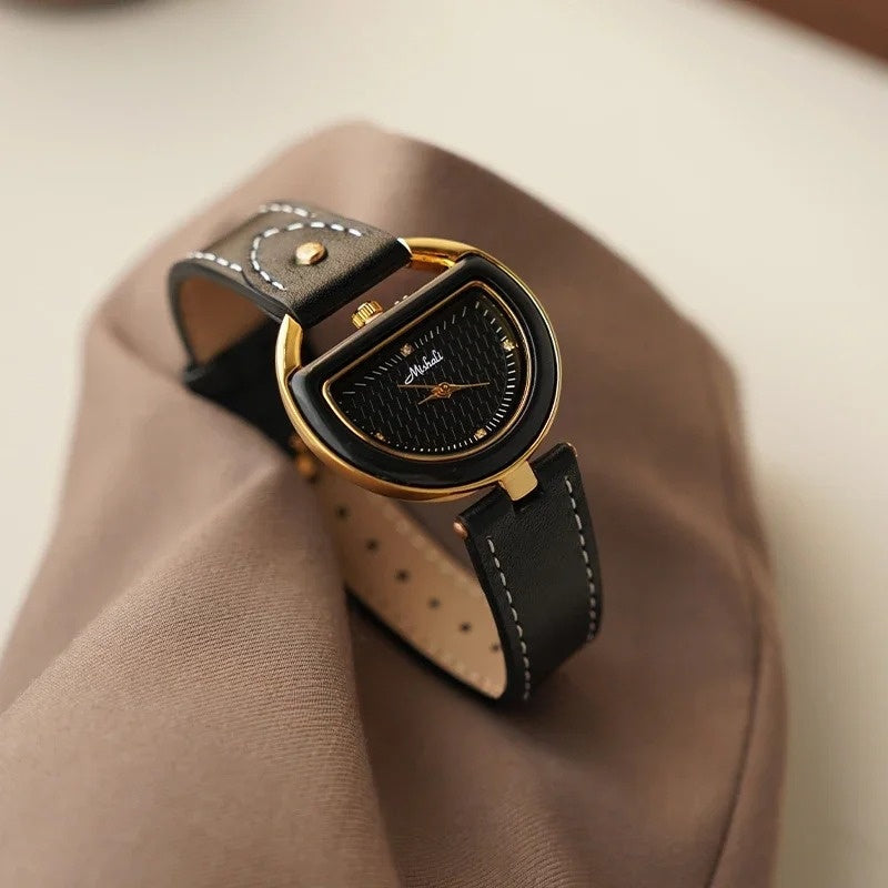 Aria half-moon watch tortoiseshell bezel leather strap vintage elegant timepiece for style-conscious wearers
