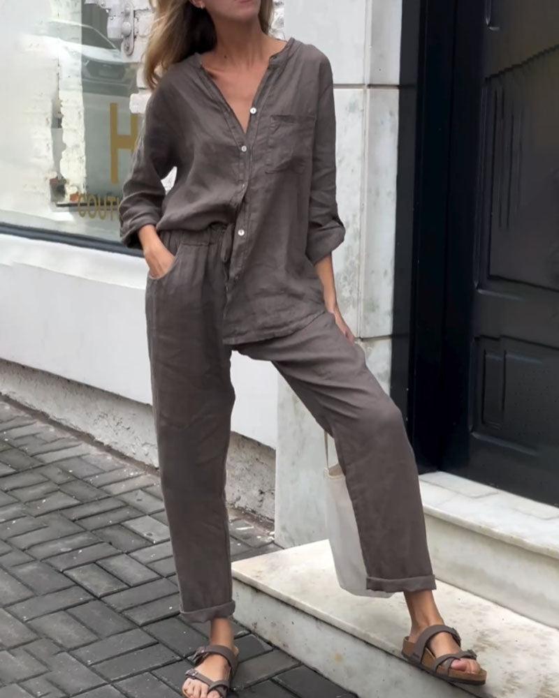 Unisex cotton linen two-piece set V-neck shirt and pants breathable casual summer outfit