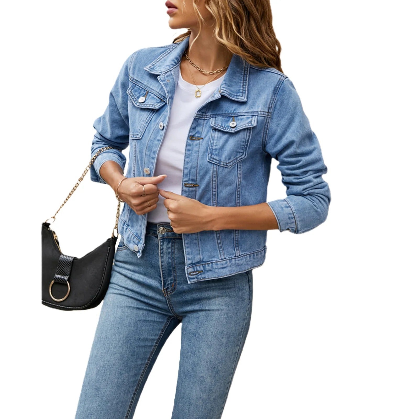 Women's classic blue denim jacket button-front closure relaxed fit timeless everyday casual style