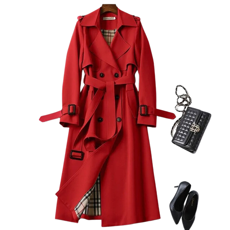 Women's longline belted trench jacket structured tailored silhouette double-breasted polished everyday