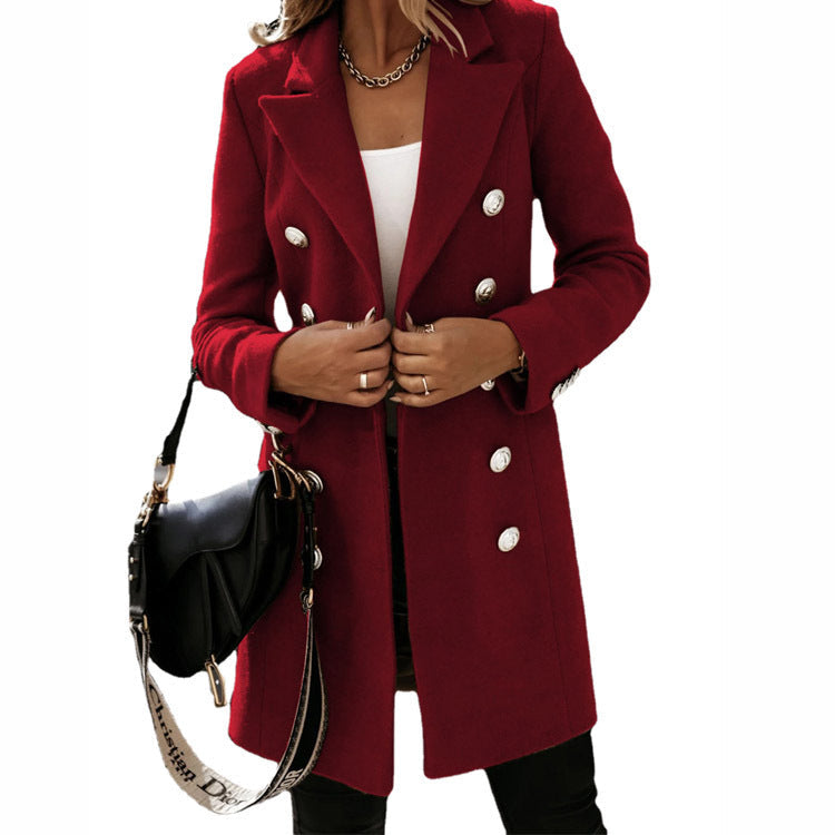 Women's double-breasted long coat notch lapel collar elegant warm polyester outerwear