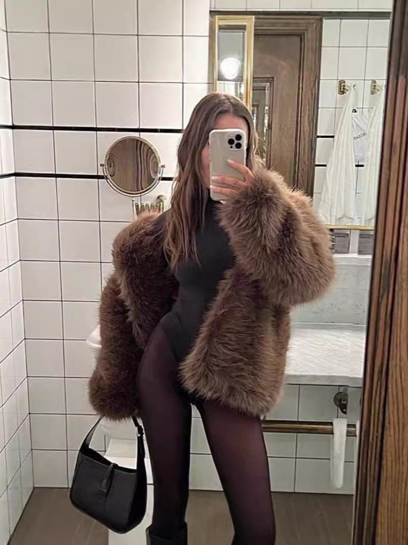 Women's short faux fur coat tailored fit, plush soft material, chic elegant style, six color options