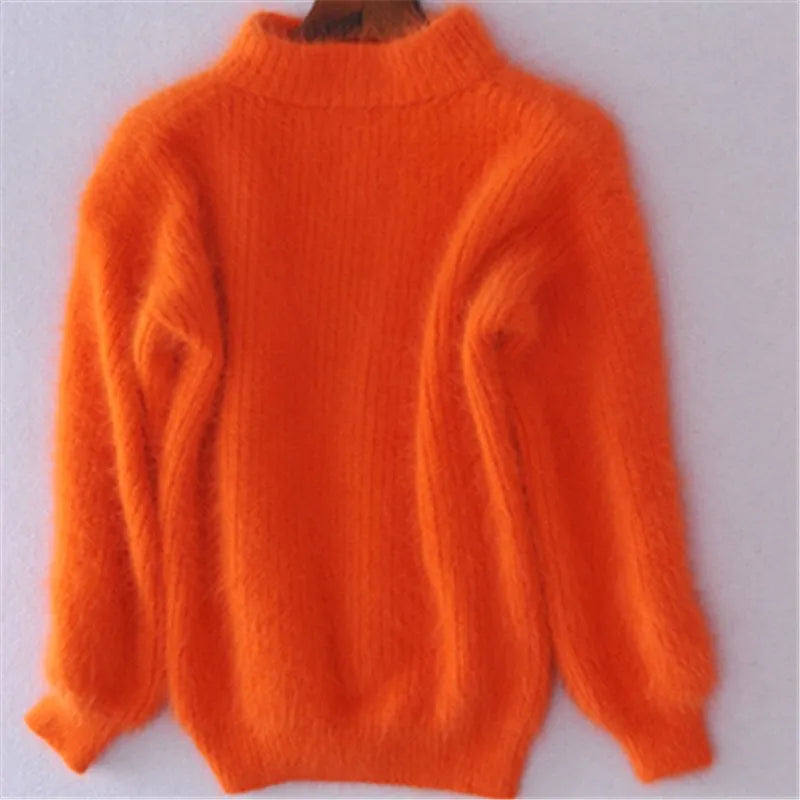 Women's fuzzy turtleneck sweater loose fit plush knit with ribbed cuffs and hem cozy warmth