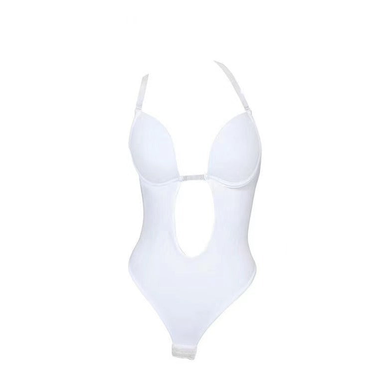 Black tight-fitting bodysuit deep V-neck highlighted waist elegant silhouette women one-piece