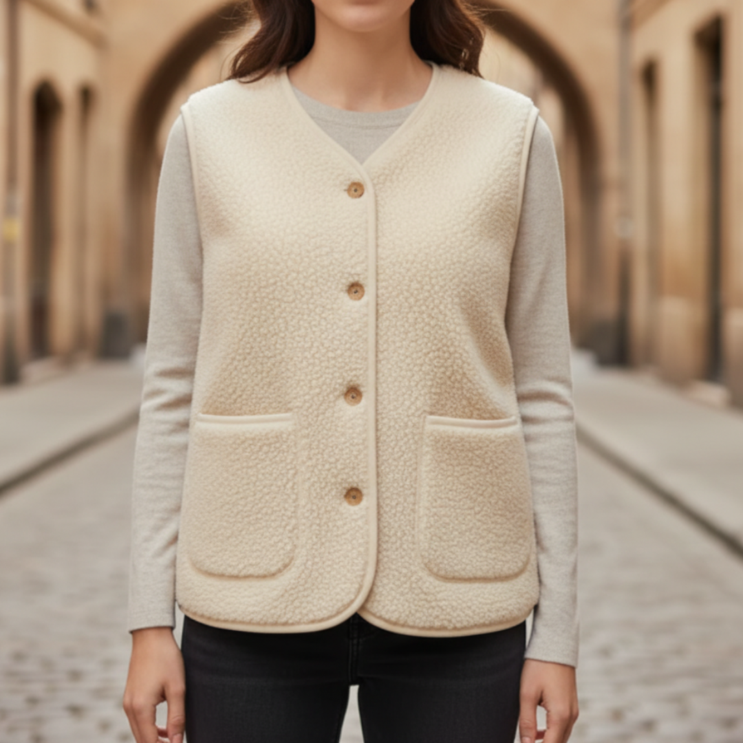 Women's soft button-front vest in beige warm layering piece for cold seasons casual style