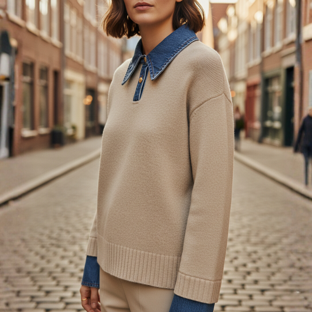Women's casual knit sweater with structured denim collar accent, soft comfortable fit, multi-color