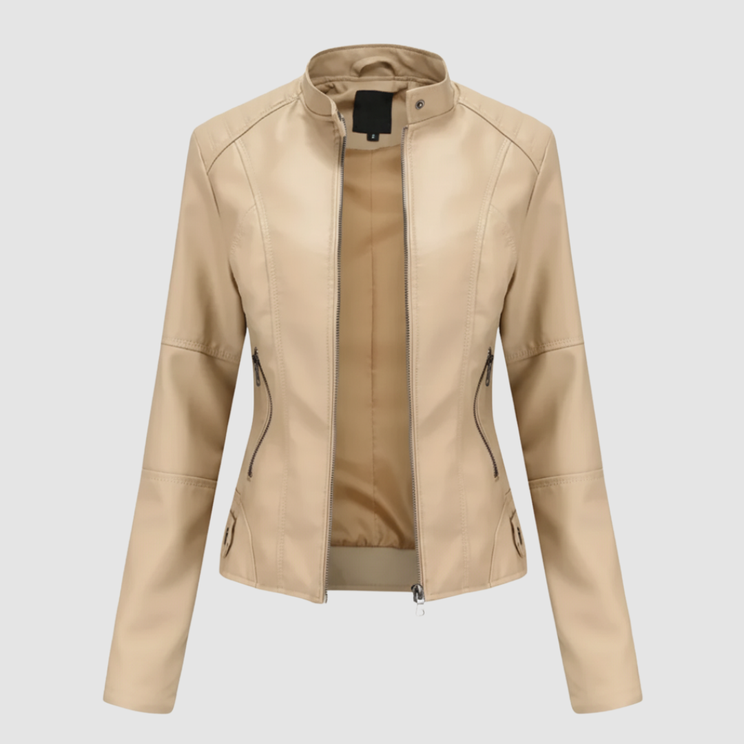 Black women's biker jacket with Mandarin collar, front zip closure, quilted shoulders, and shaped seams