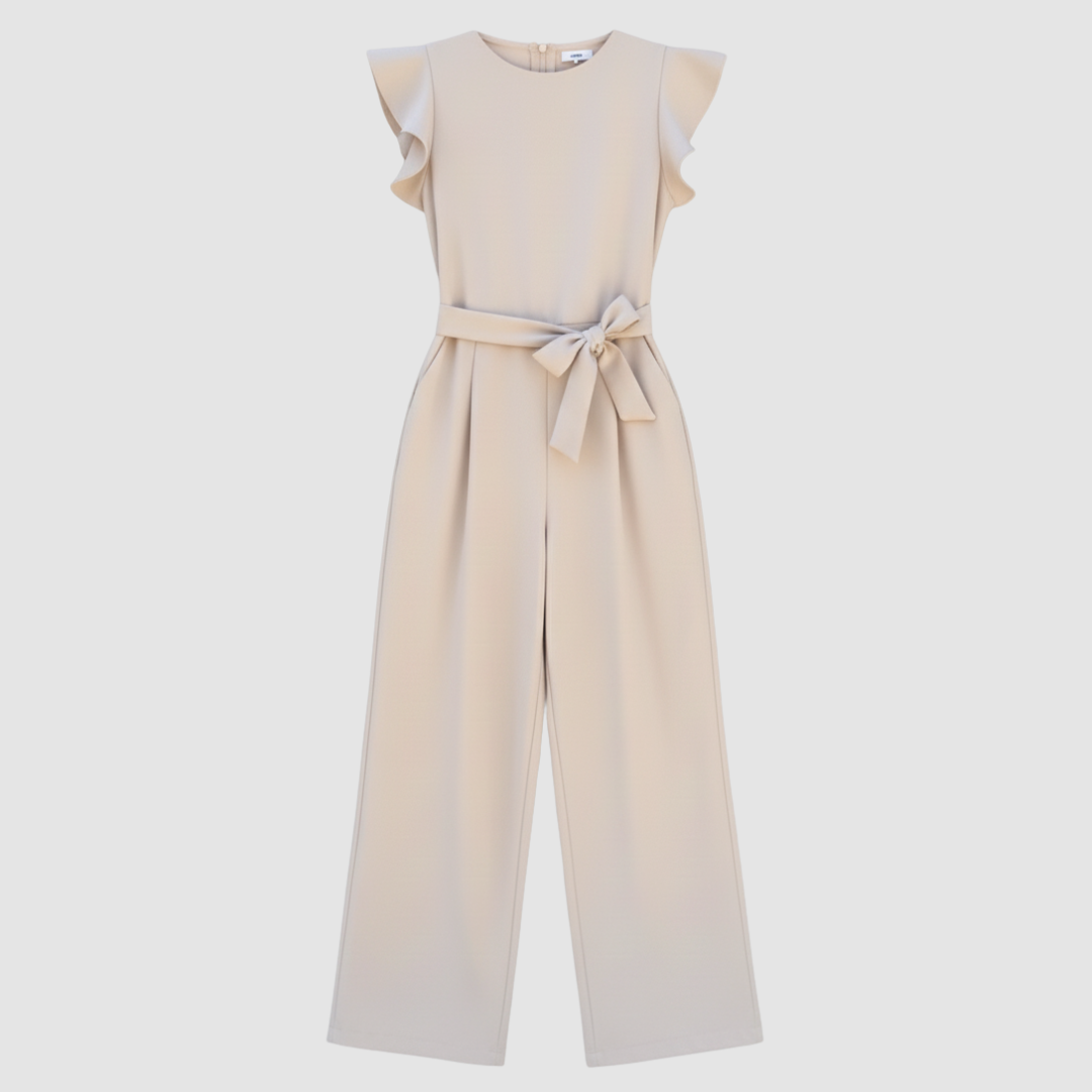 Women's wide-leg jumpsuit with belt, ruched short sleeves, adjustable tie waist, and back zipper