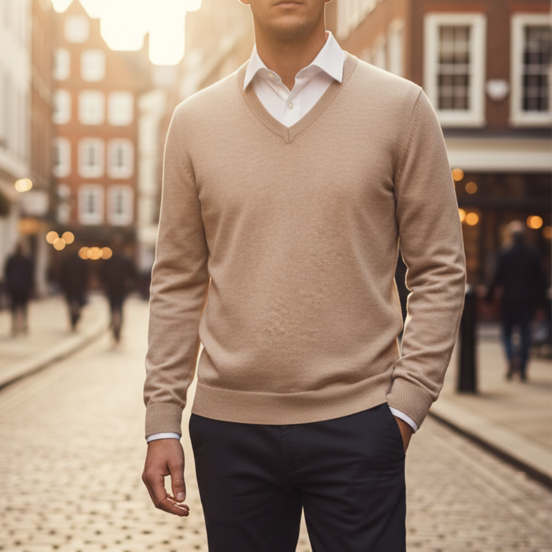 Men's classic V-neck sweater soft knit fabric regular fit versatile layering essential for office or casual wear