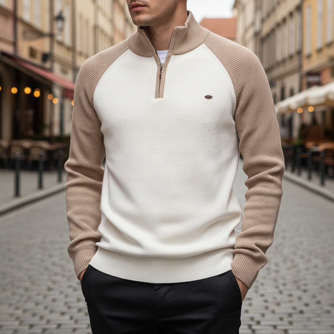 Men's mixed material zip neck sweater in beige breathable knit blend for casual everyday layering