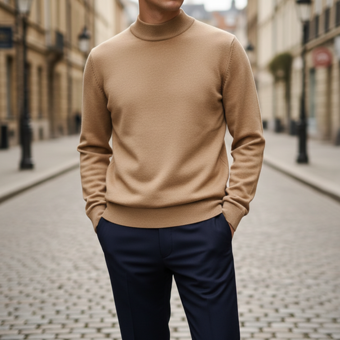 Men's charcoal mock neck sweater regular fit fine knit ribbed cuffs hem everyday layering