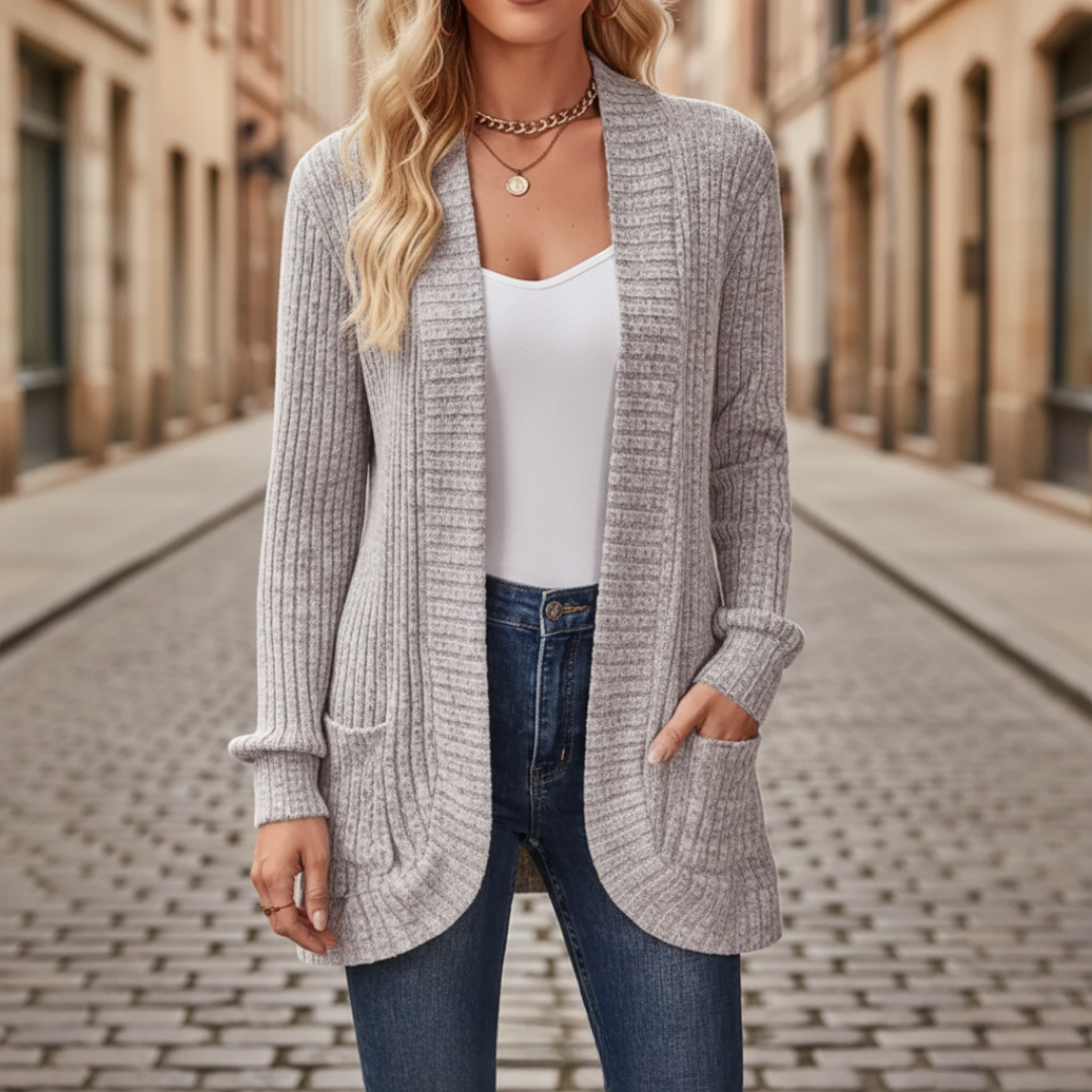 Women's soft knit cardigan with pockets in versatile everyday style, available in six colors