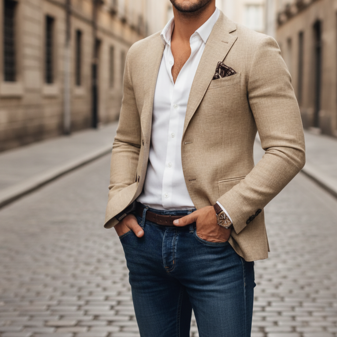 Men's slim fit blazer in gray, blue, and beige durable fabric with front pockets for work and events