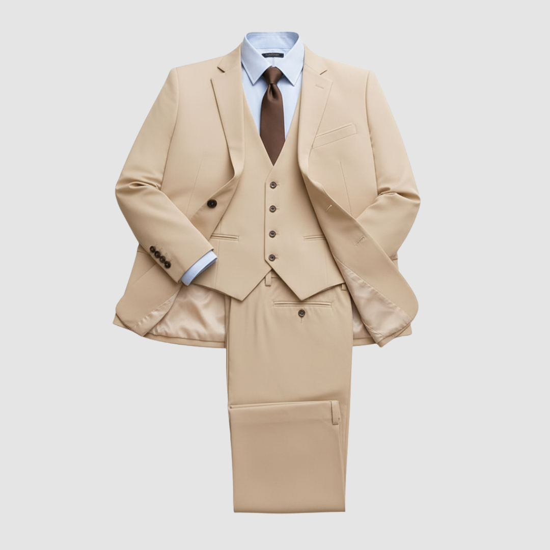 Men's classic fit formal suit set navy blue jacket trousers shirt tie elegant 3-button design