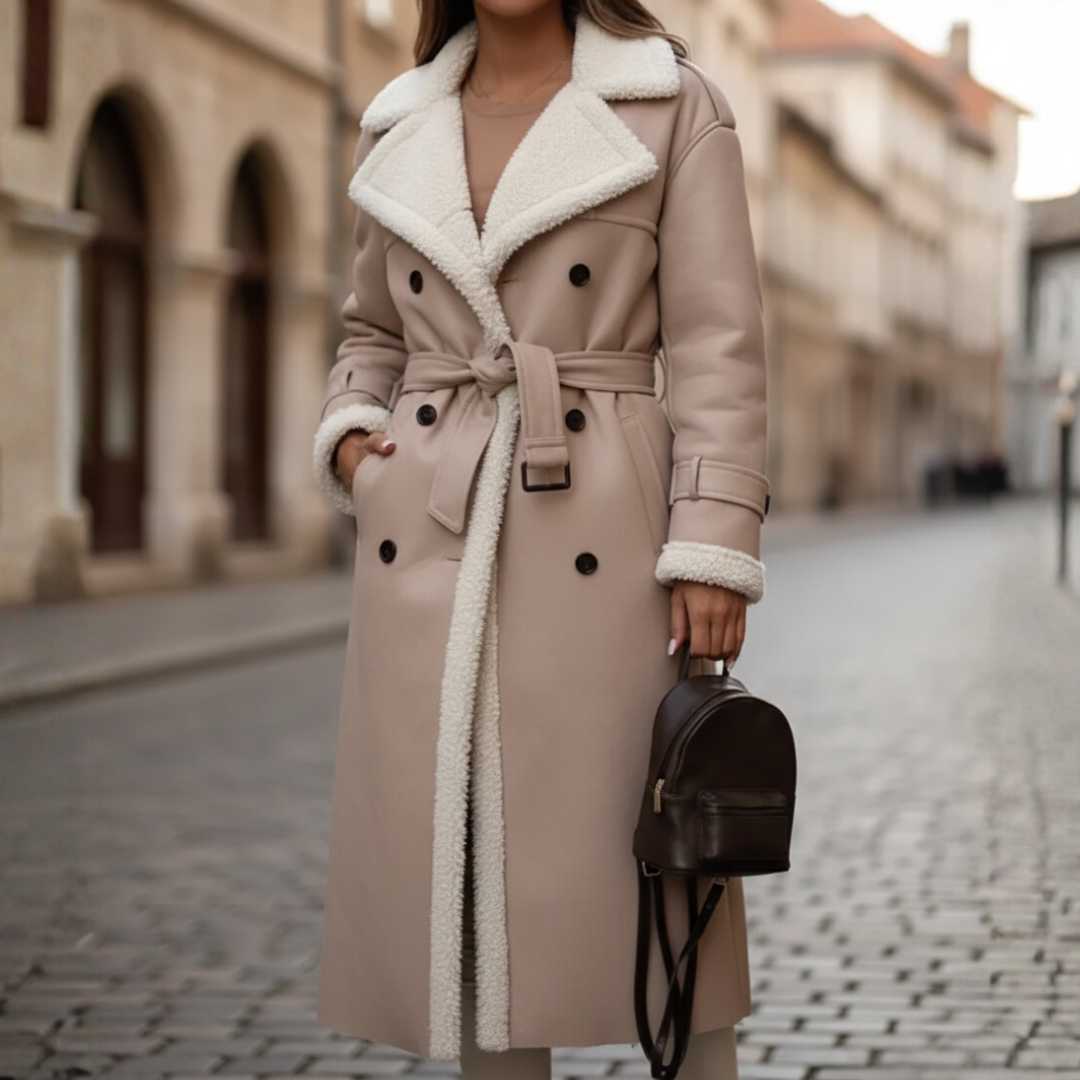 Women's long beige synthetic leather coat with faux fur hood, double-breasted warm winter style