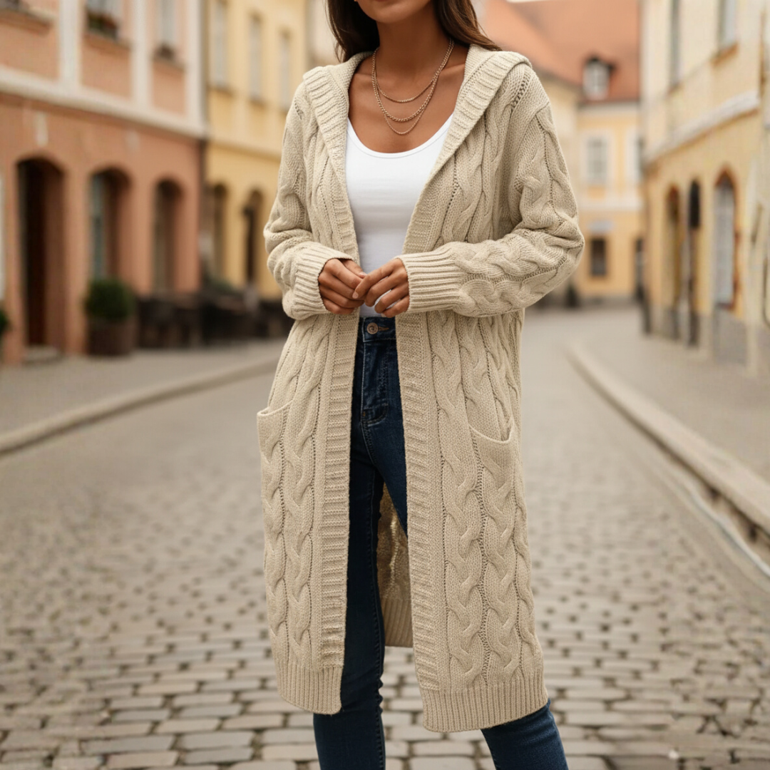 Women's long knit cardigan with pockets in light gray, black, beige or pink, cozy relaxed fit
