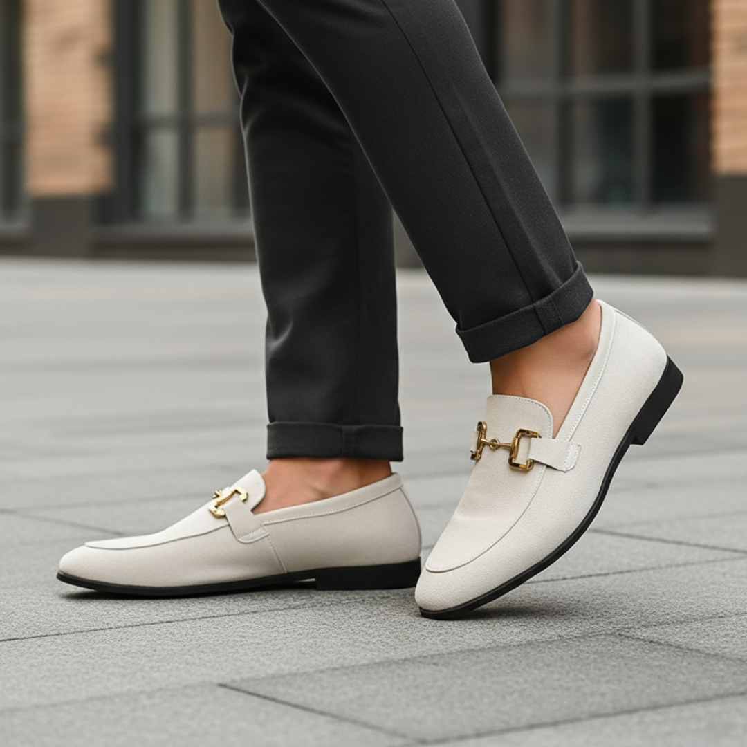 Men's black beige fabric slip-on shoes with golden details for casual everyday comfort