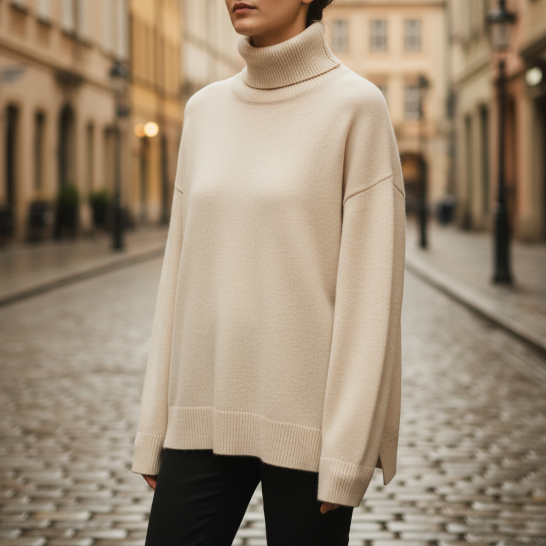 Women's cozy knit turtleneck sweater relaxed silhouette long sleeves autumn winter wardrobe essential