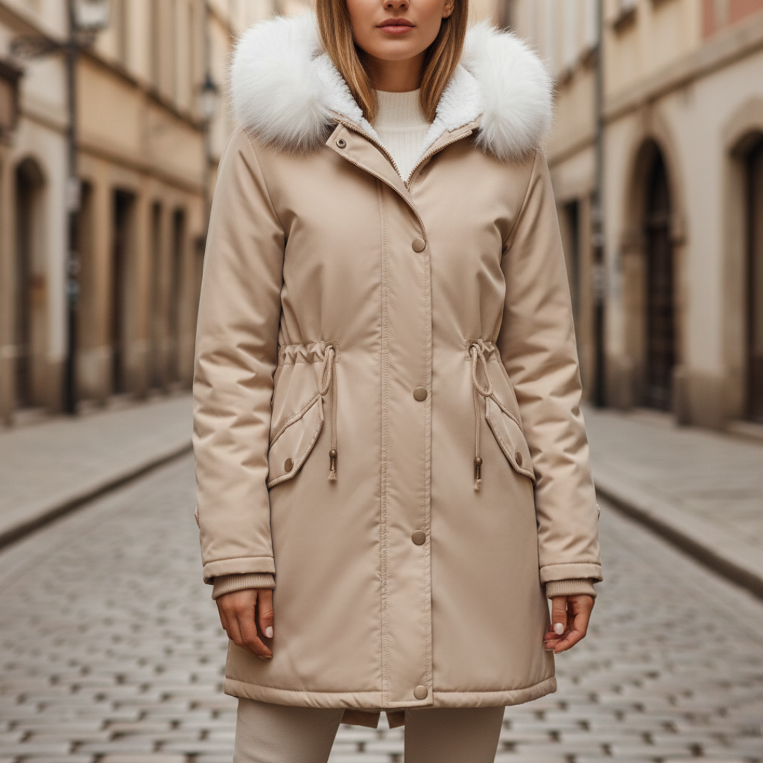 Women's long waterproof winter coat with fur-lined hood, insulated warm rainproof jacket for cold weather