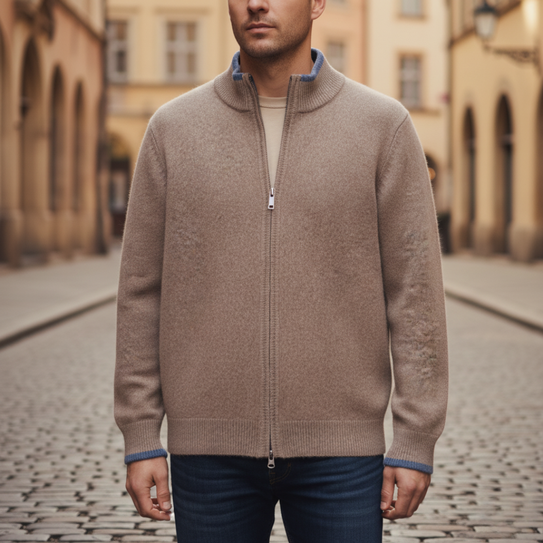 Men's gray zip-up winter sweater with high collar, casual fit, and adjustable central zipper