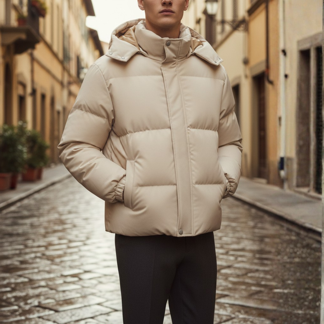 Men's lightweight hooded down jacket in polyester, casual winter style with side pockets