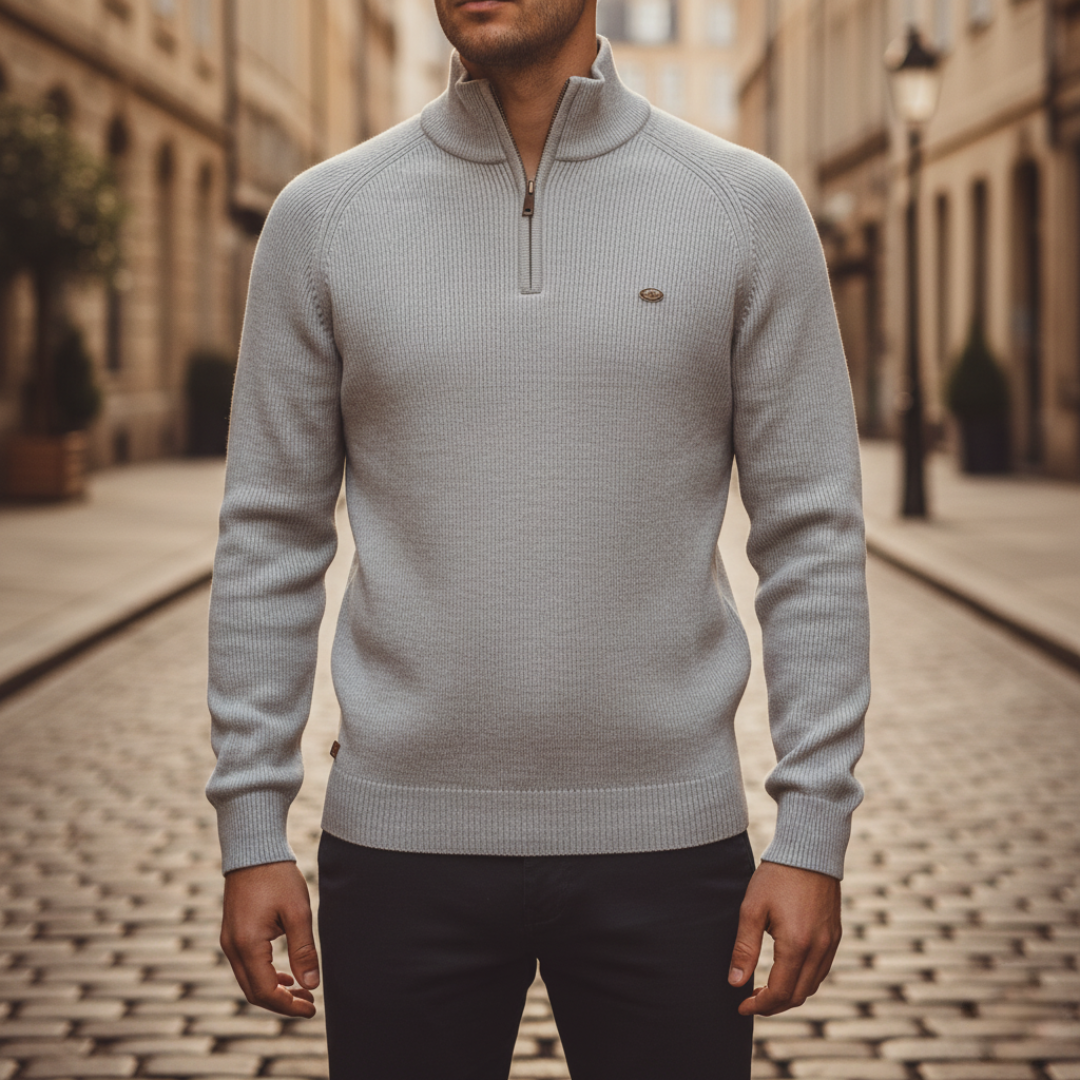 Men's half-zip high collar sweater ribbed knit raglan sleeves polyester daily comfort beige black