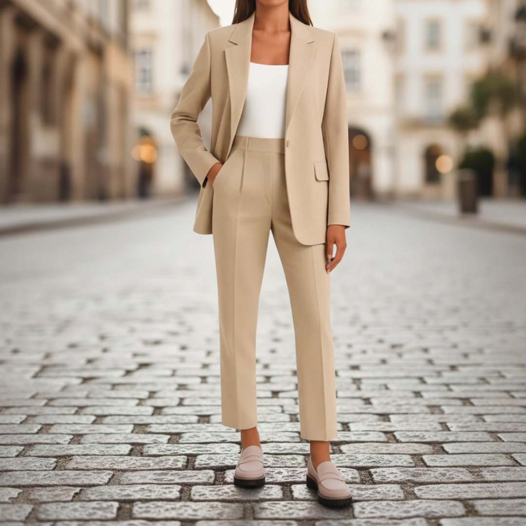 Women's tailored suit jacket and pants set in beige blue brown soft fabric professional elegant look