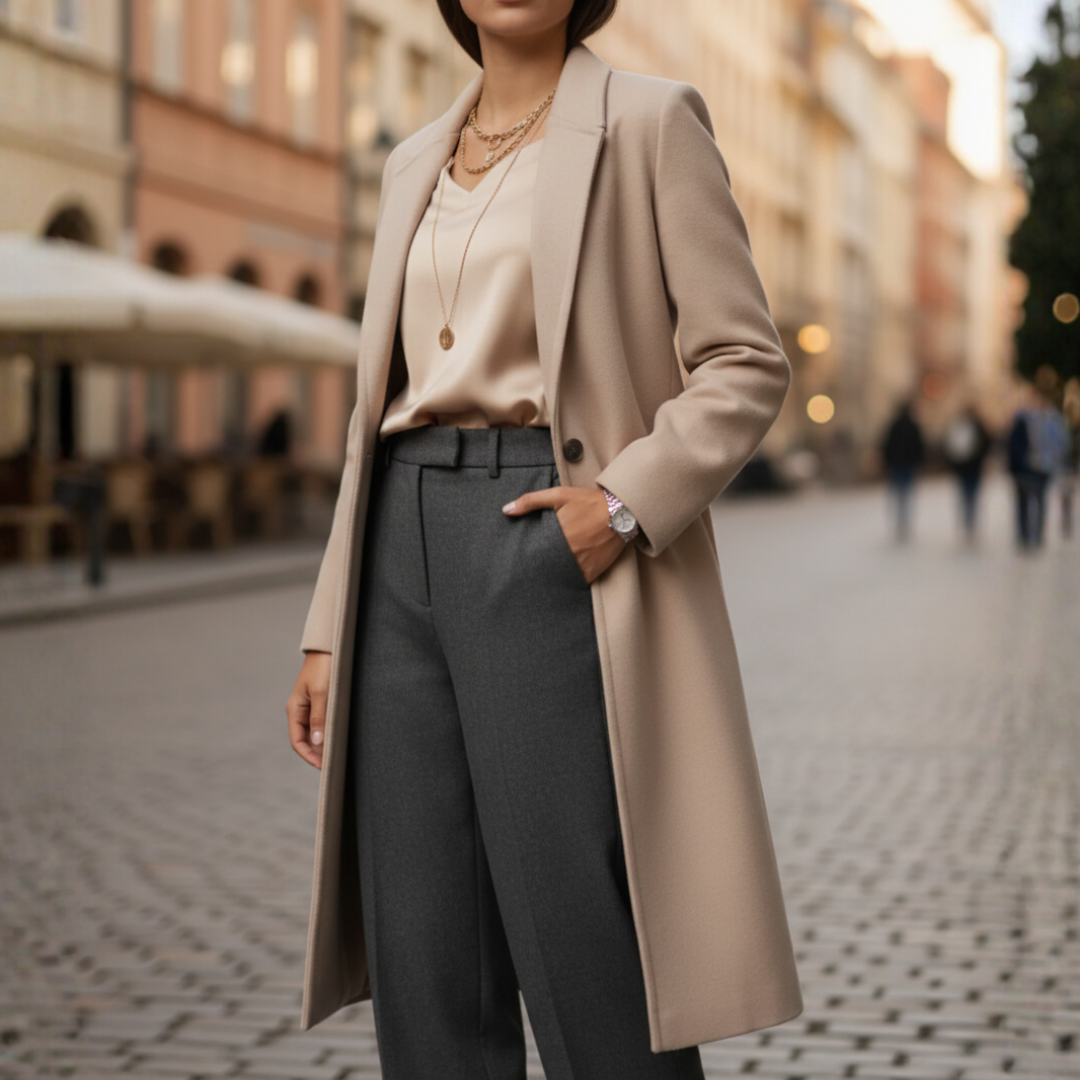 Women's elegant long coat in apricot beige black or brown warm refined fabric versatile formal casual wear