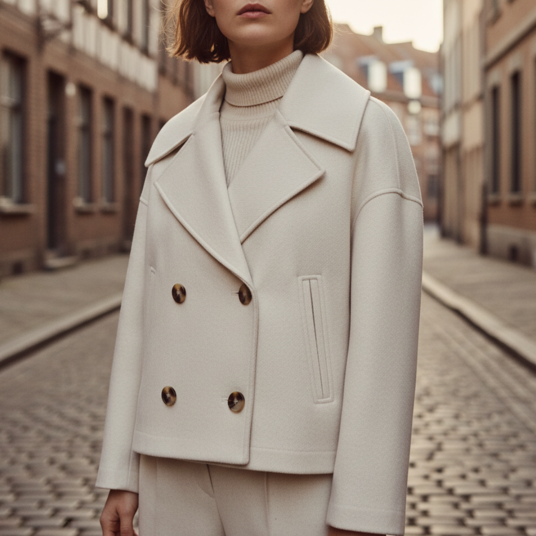Women's short double-breasted jacket mixed material wide lapel structured modern fit everyday essential