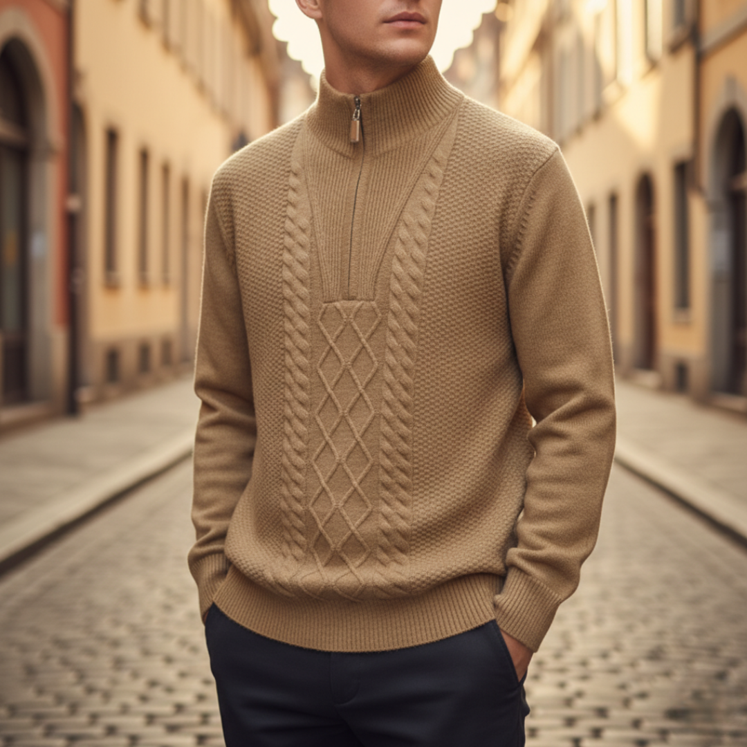 Men's beige half-zip knit sweater textured design casual slim fit versatile everyday wear