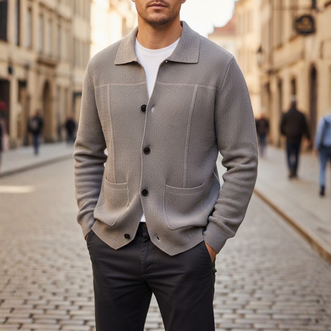 Men's soft yarn knit cardigan with button front closure, classic collar, casual semi-formal style