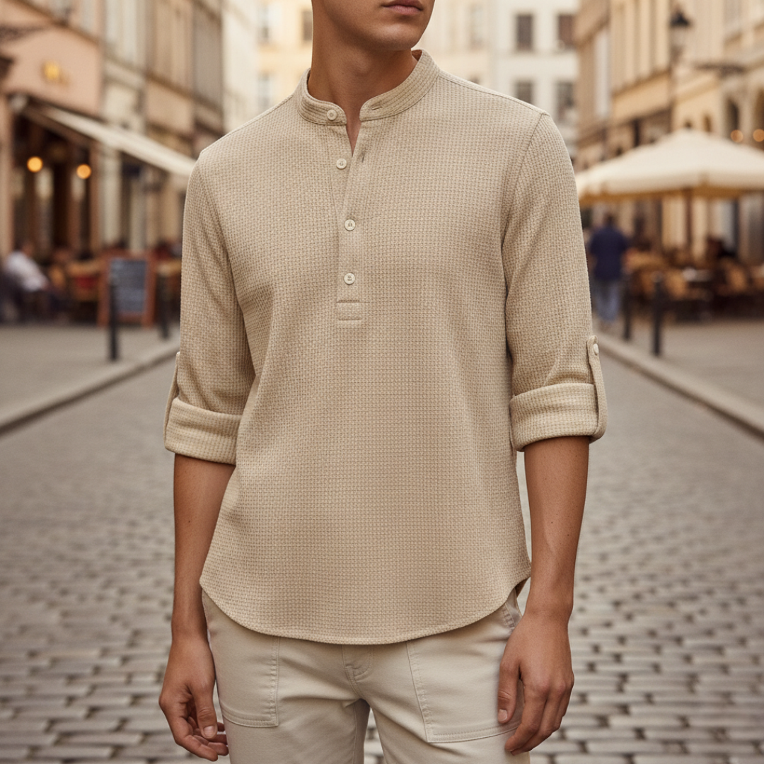 Men's beige honeycomb knit Henley shirt ergonomic fit with buttoned collar and adjustable sleeves