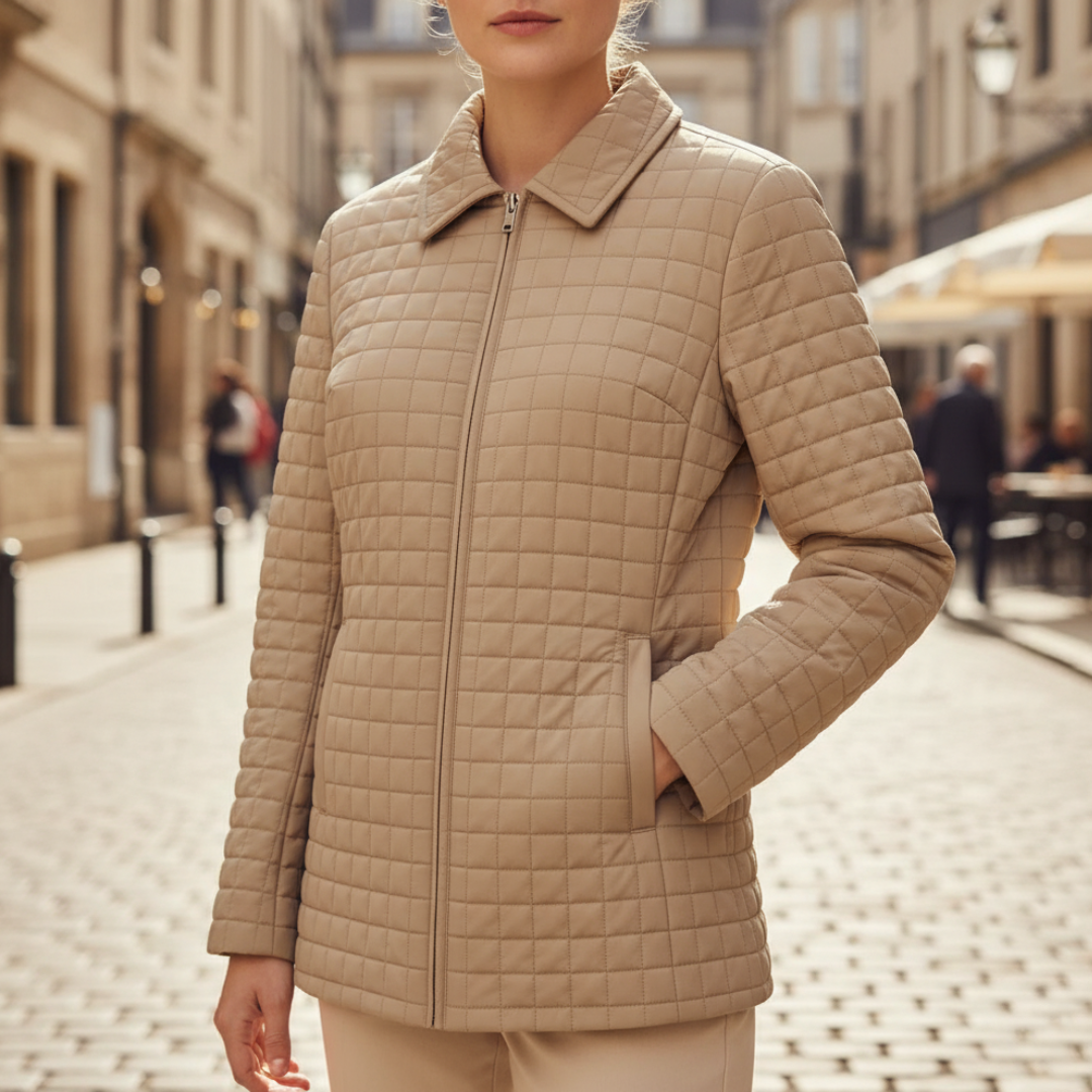Women's beige quilted fabric jacket with front zipper, elegant casual office wear versatile layer