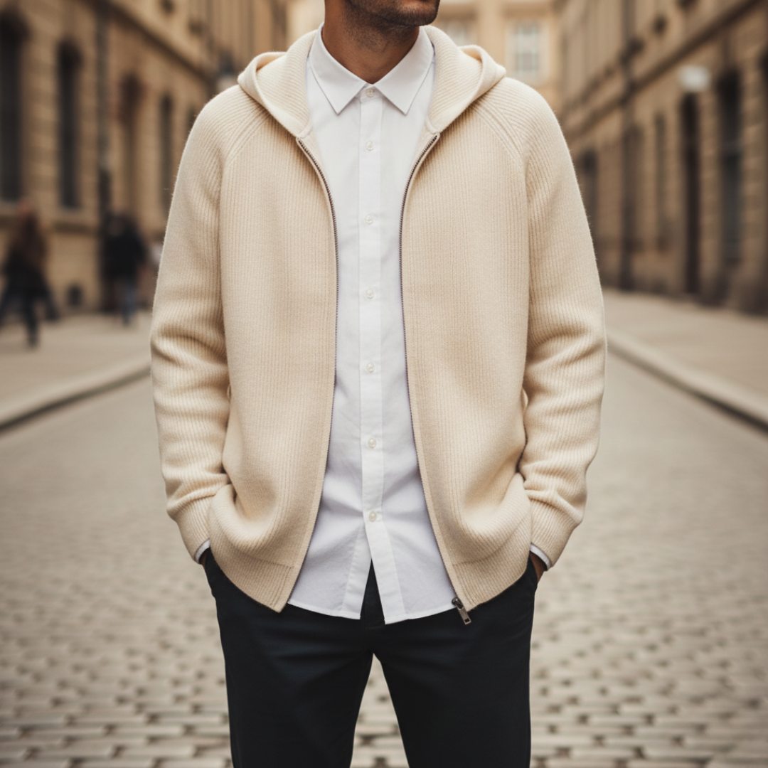 Men's gray hooded knit cardigan with zipper, soft warm casual sporty cut for autumn winter