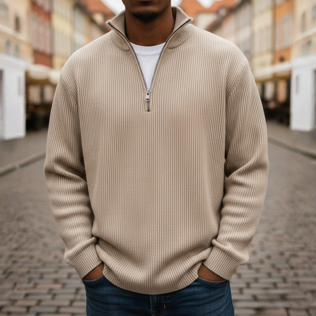 Men's gray ribbed knit high neck zip sweater, casual slim fit with adjustable collar