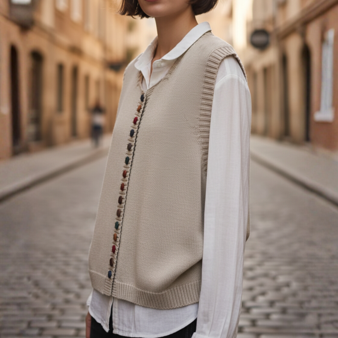 Women's wool acrylic knit vest V-neck short straight silhouette colorful button side closure