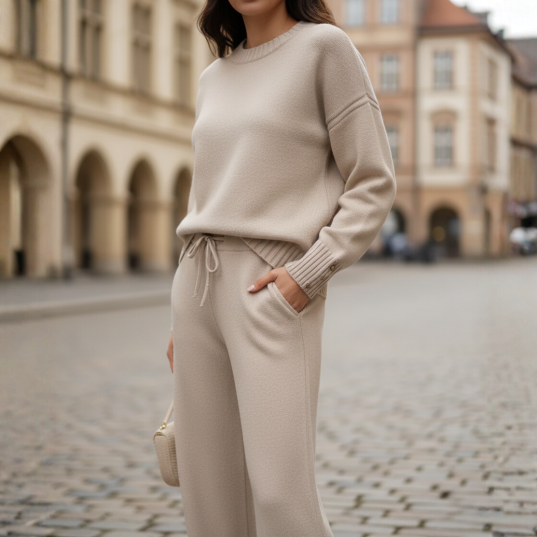 Women's cozy knit lounge set round neck sweatshirt elastic waist pants relaxed fit neutral tones