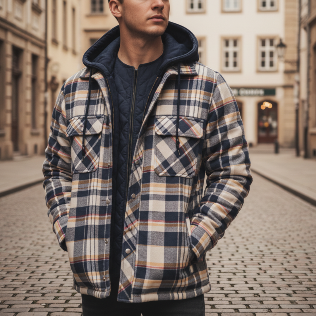 Men's checkered flannel hooded zip jacket with front pockets, soft warm casual fit
