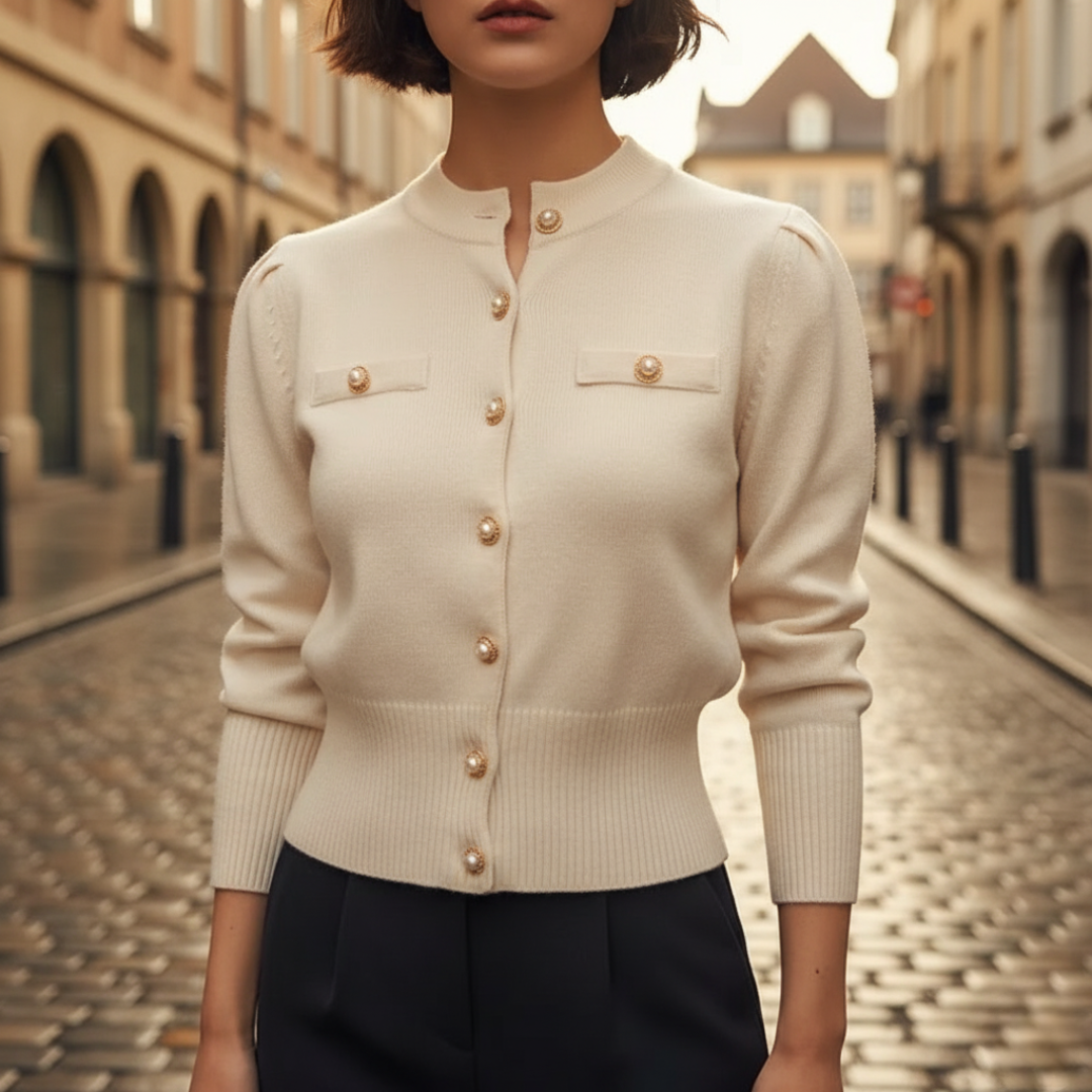 Women's mixed fabric cardigan with front buttons, structured silhouette for office everyday style