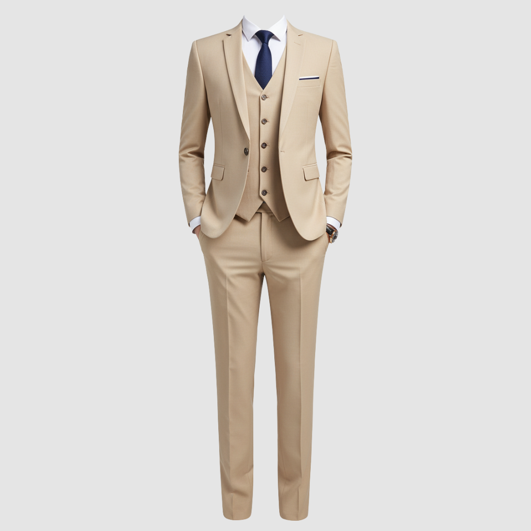 Men's charcoal three-piece suit notch lapel vest tapered trousers modern formal slim fit