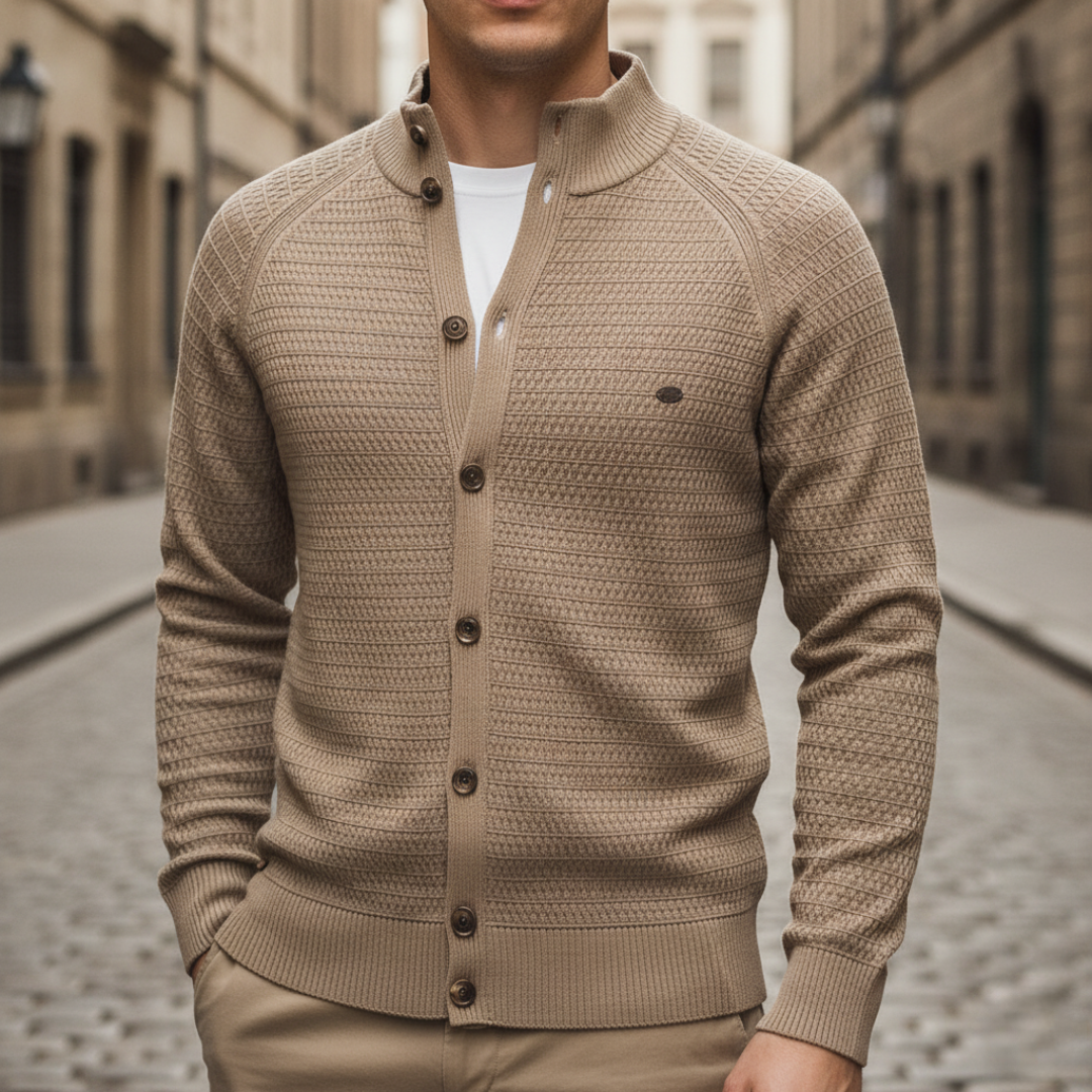 Men's soft yarn button-front cardigan with structured high collar, versatile all-season breathable fit