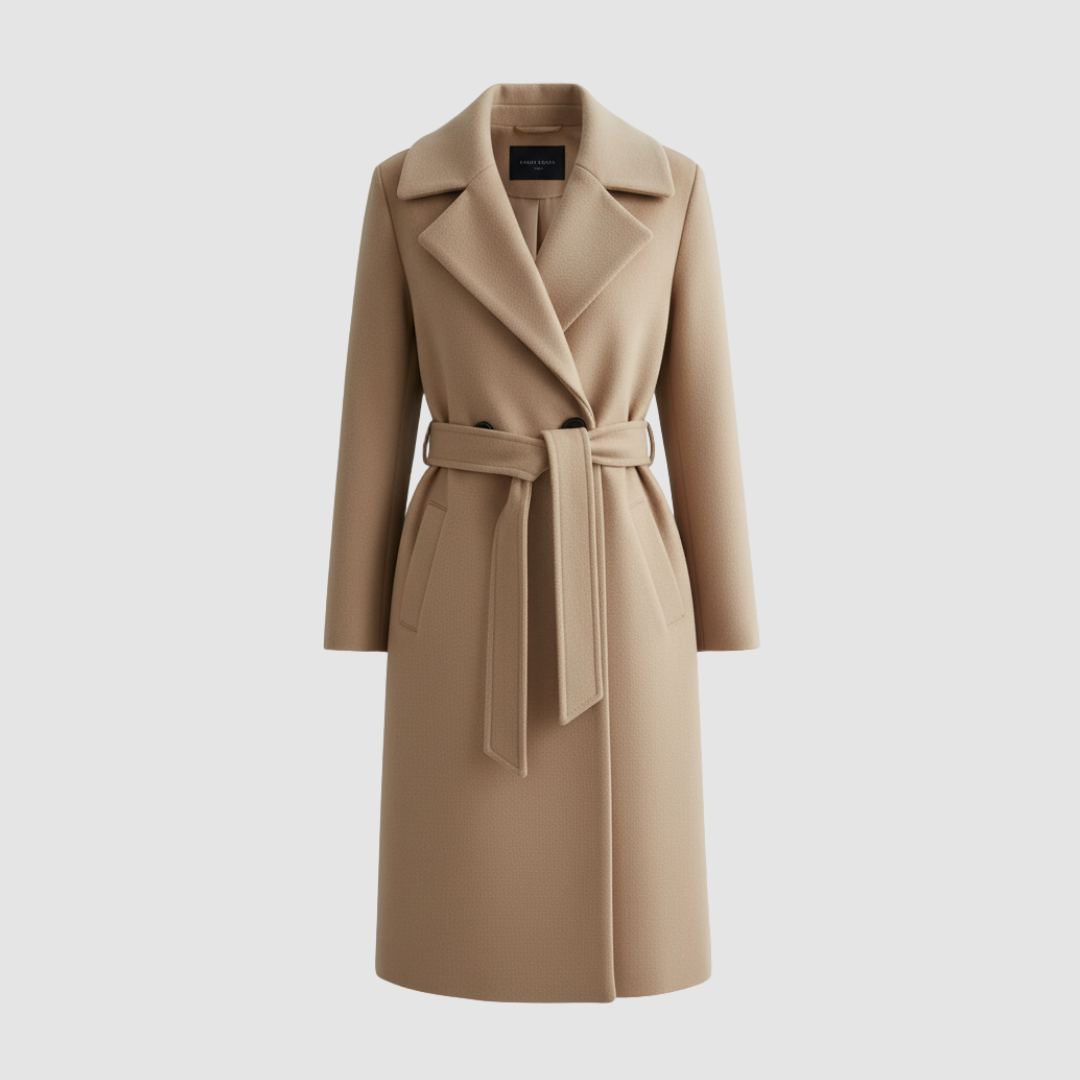 Women's belted wool coat in beige orange red with adjustable waist belt for elegant winter wear