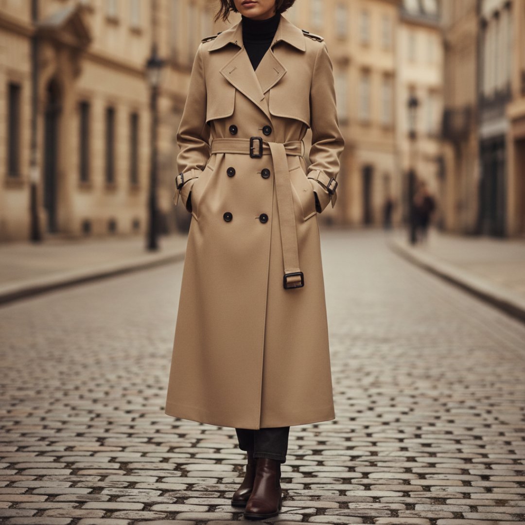 Women's double-breasted trench coat with adjustable belt in beige, gray, blue, black, or green all-season