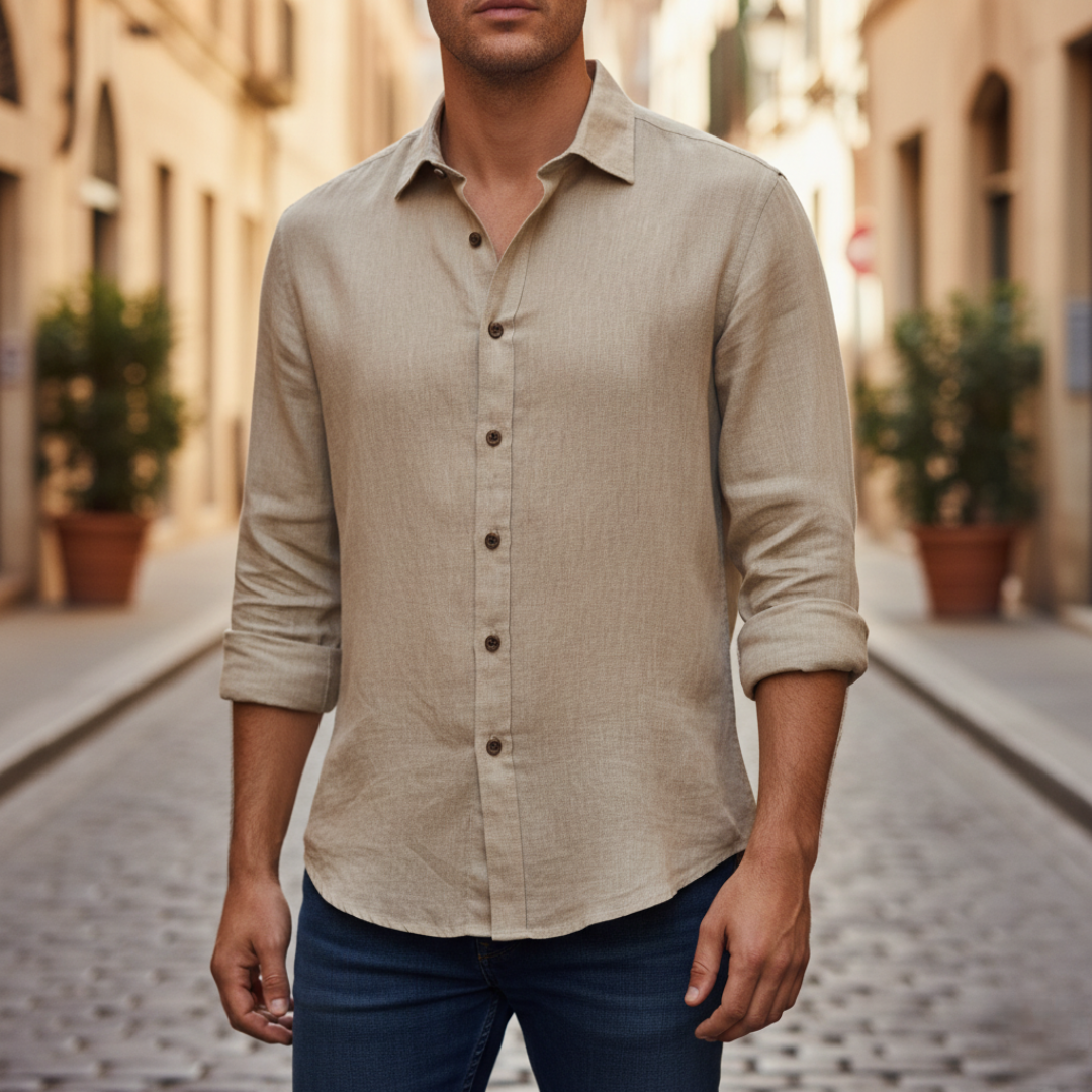 Men's lightweight mixed fabric casual shirt, breathable button-front design for daily versatile wear