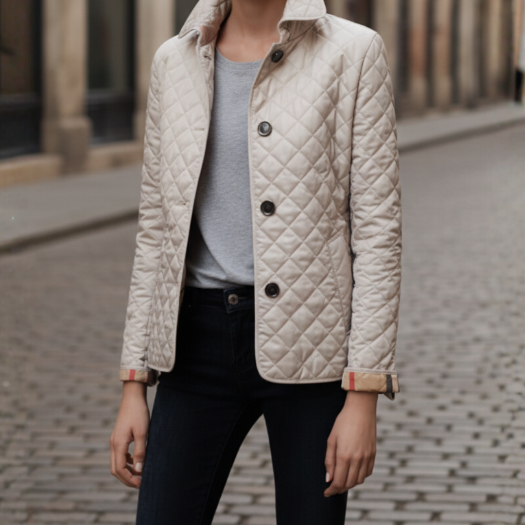 Women's lightweight quilted diamond jacket with snap button closure, polished shirt collar, versatile mid-season layer